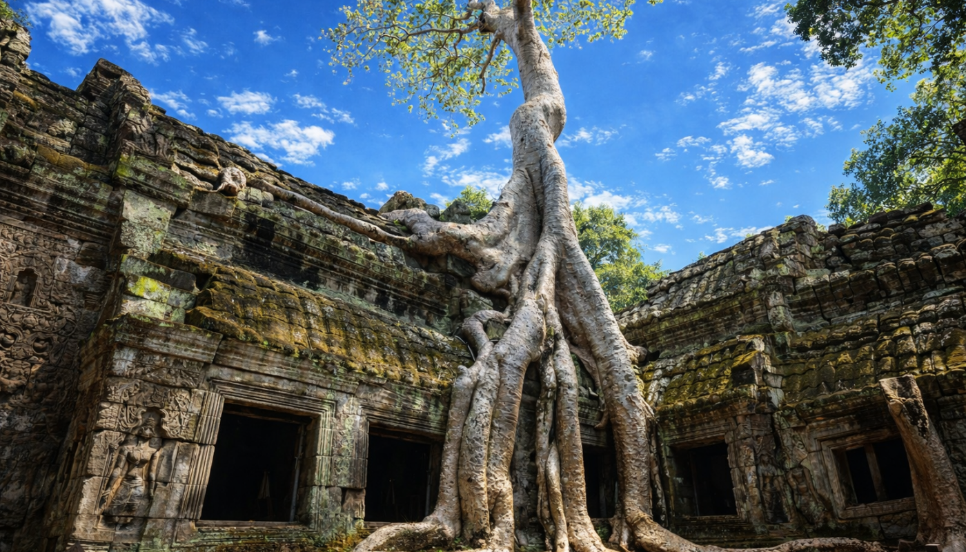 Fromager aux racines monumentales enlaçant un temple d’Angkor sous un ciel bleu intense