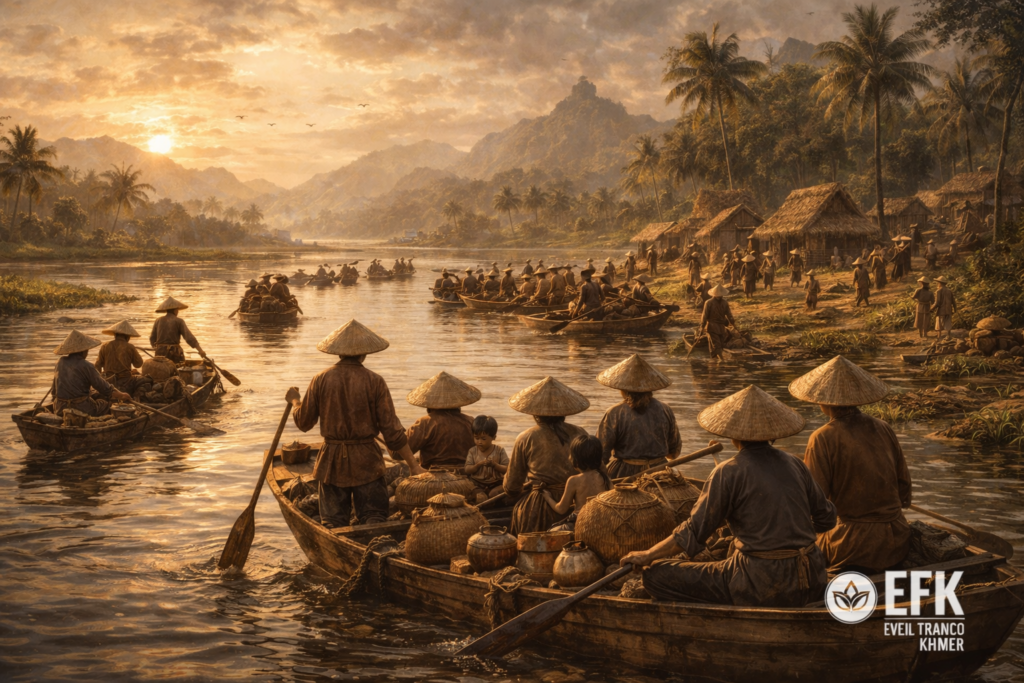 Arrivée de colons vietnamiens en bateaux traditionnels portant des chapeaux coniques dans le delta du Mékong durant la période angkorienne.