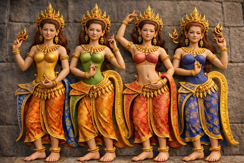 Personnages apsaras khmères recréées en 3D et en couleur, inspirées des bas-reliefs d’Angkor, représentant la grâce et l’esthétique de l’art khmer ancien