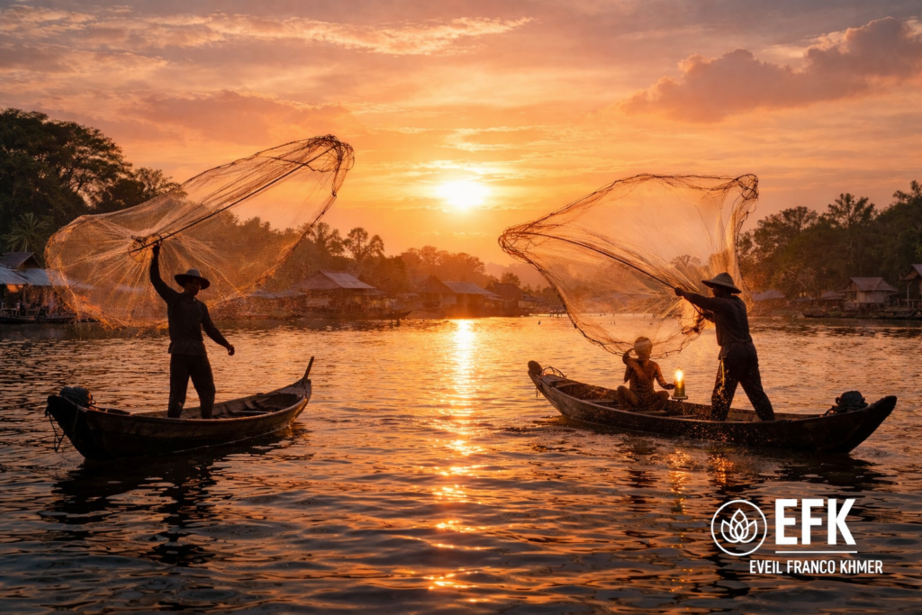 Scène de pêche traditionnelle sur le lac Tonlé Sap au coucher de soleil avec pêcheurs khmers lançant leurs filets depuis des barques