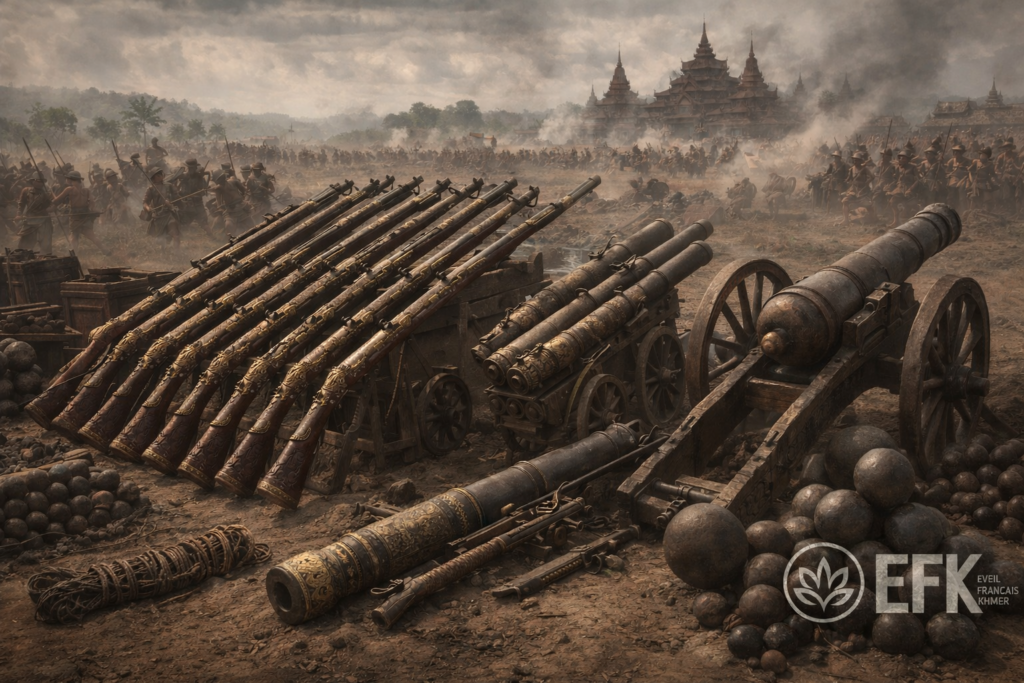 Inventaire d’armes khmères avec mousquets et pièces d’artillerie lors de la bataille de Longvek au XVIᵉ siècle