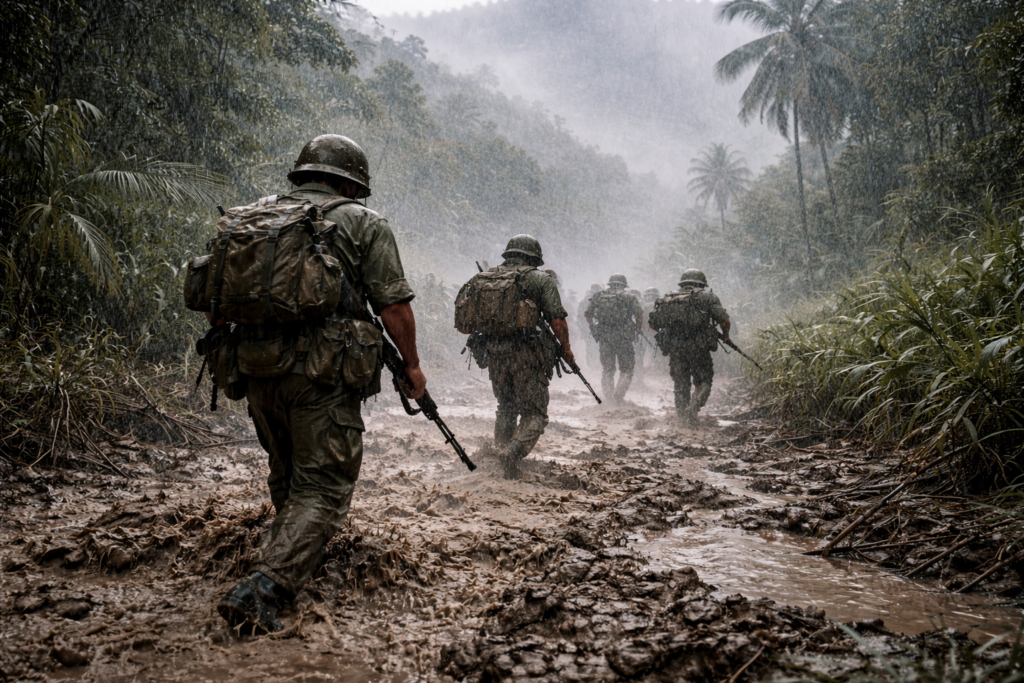 Soldats vietnamiens marchant de dos dans une jungle vietnamienne sous une pluie torrentielle, avançant péniblement dans la boue pendant la guerre du Vietnam