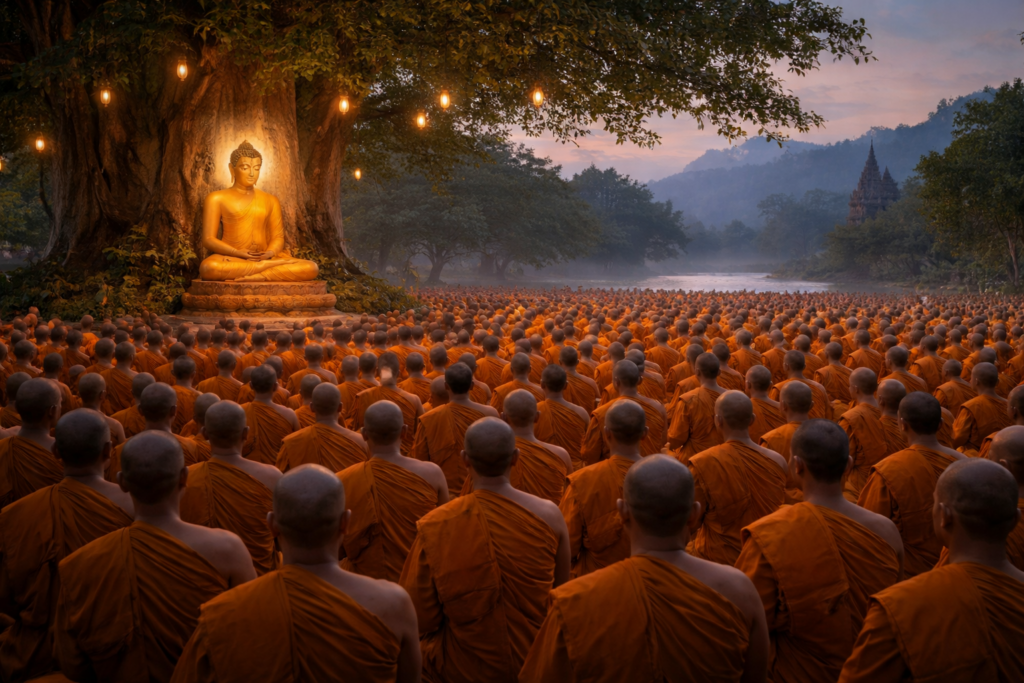 Selon la tradition bouddhiste, 1 250 moines réunis spontanément écoutent l’enseignement du Bouddha sous un arbre sacré, scène fondatrice de Meak Bochea