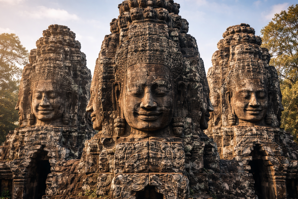 Gros plan paysage des tours aux visages orientés aux quatre directions du temple de Bayon à Angkor, Cambodge.