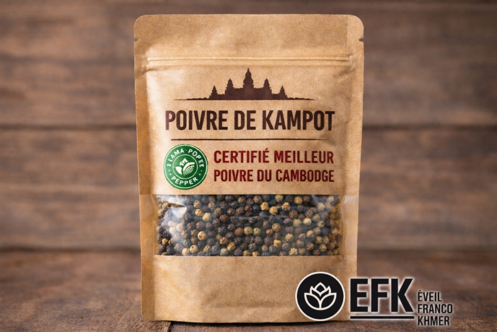 Sachet kraft zippé de poivre de Kampot certifié meilleur poivre du Cambodge avec fenêtre transparente montrant les grains.