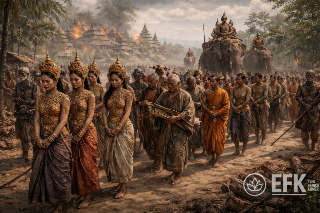 Déportation de populations khmères après la chute de Longvek en 1594, procession d’artisans, danseuses, moines et lettrés escortés par des soldats siamois.