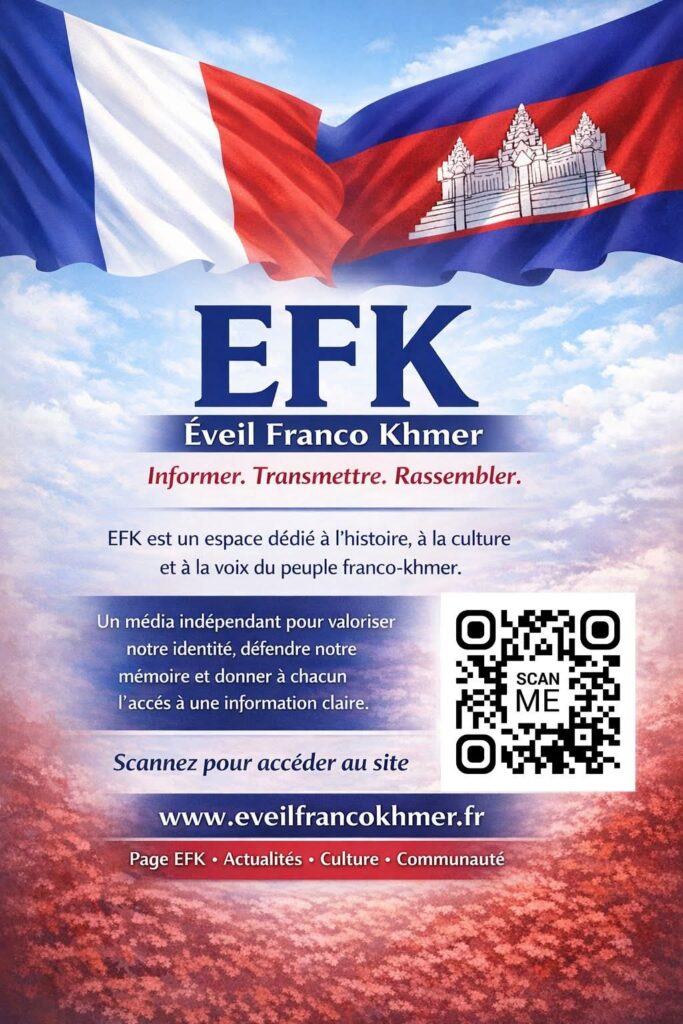 Affiche Éveil Franco-Khmer EFK avec drapeaux France et Cambodge, QR code vers le site eveilfrancokhmer.fr