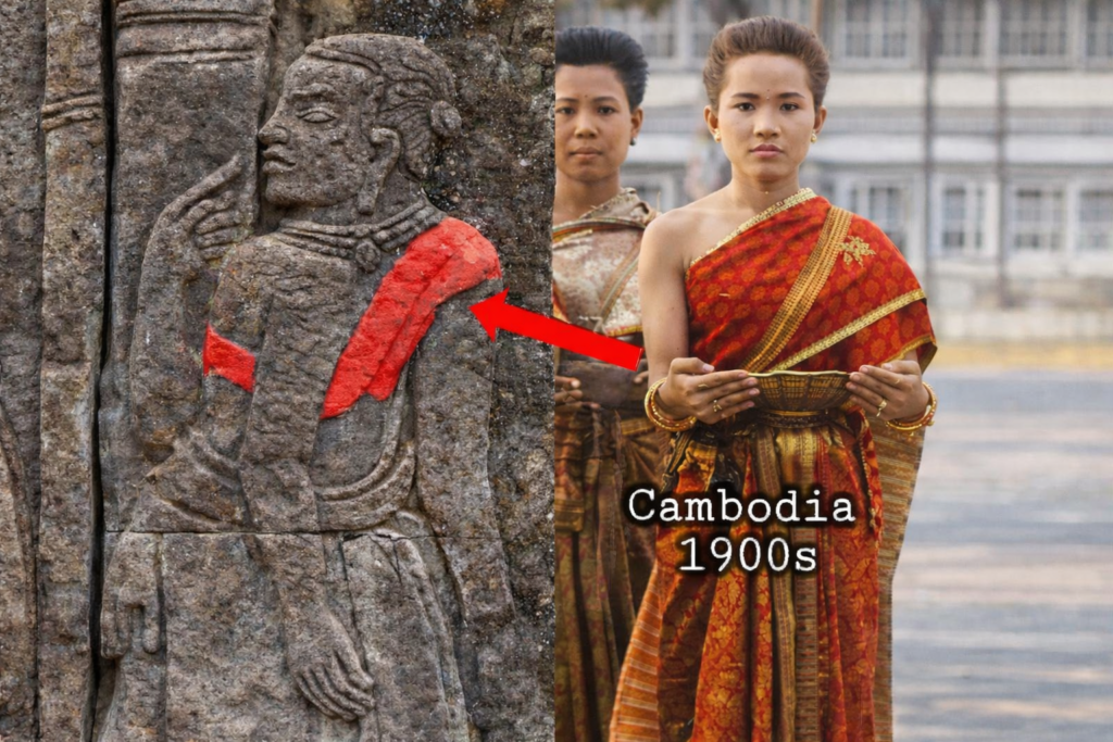 Comparaison entre un bas-relief angkorien montrant le sbai khmer et une tenue traditionnelle cambodgienne du début du XXe siècle.