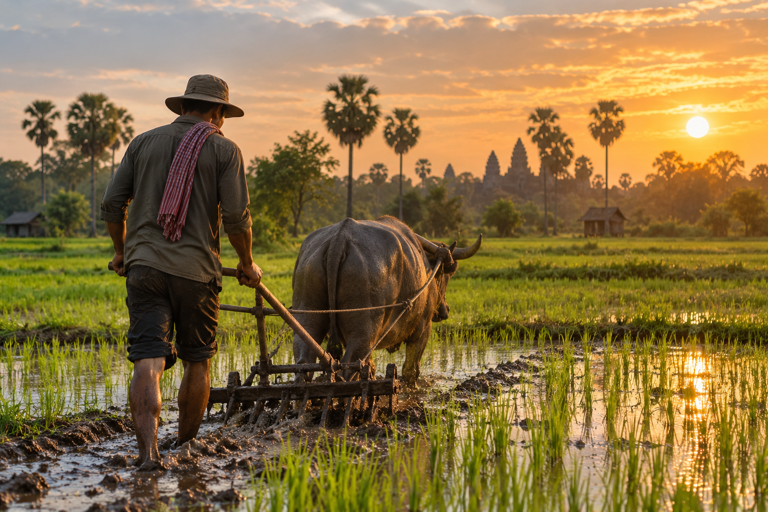 Un jeune agriculteur cambodgien vu de dos cultive une rizière avec un buffle d’eau, au coucher du soleil, dans un paysage rural bordé de palmiers et de temples khmers à l’horizon.